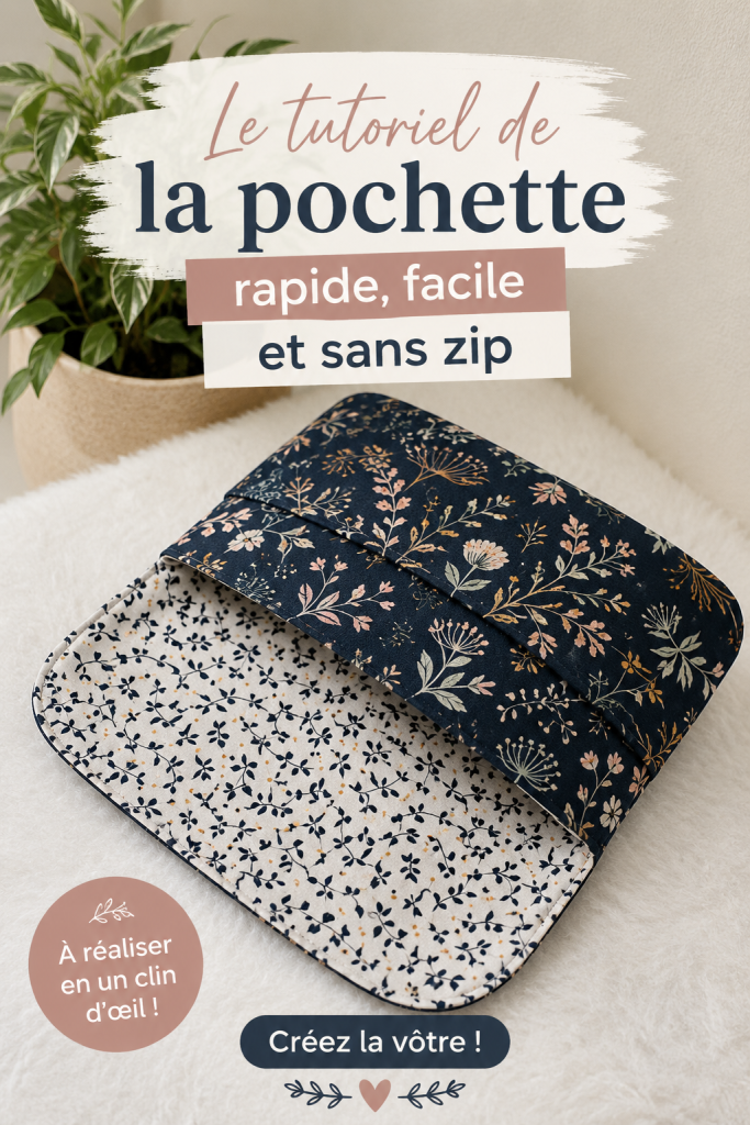 Pochette rapide et facile réalisée sans zip, sur fond de table de couture.