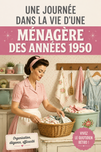 Illustration d'une femme au foyer des années 50 dans sa cuisine en train de cuisiner, évoquant la gestion de budget et le mode de vie frugal.