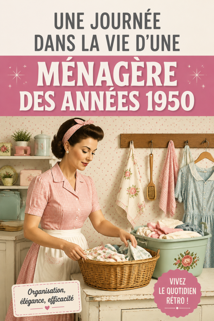 Illustration d'une femme au foyer des années 50 dans sa cuisine en train de cuisiner, évoquant la gestion de budget et le mode de vie frugal.