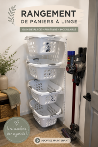Un panier à linge bien organisé avec des vêtements triés et pliés, dans une salle de lavage lumineuse.