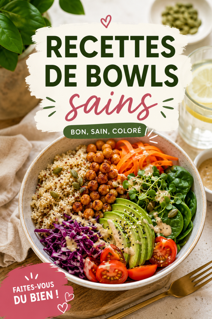 Assortiment de bowls sains colorés avec divers ingrédients santé.