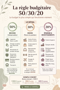 Illustration de la règle du budget 50/30/20 avec un graphique de répartition des dépenses.