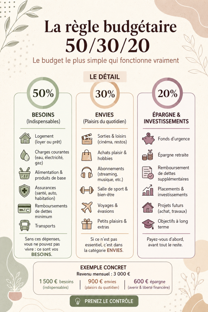 Illustration de la règle du budget 50/30/20 avec un graphique de répartition des dépenses.