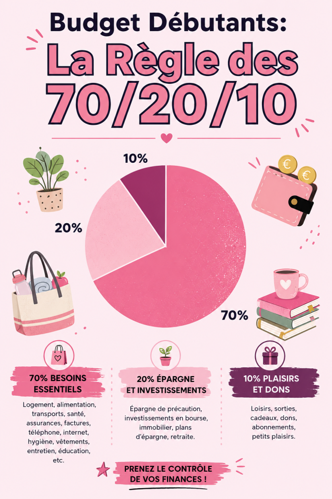 Illustration représentant la règle budgétaire 70/20/10 avec des graphiques de répartition des dépenses.
