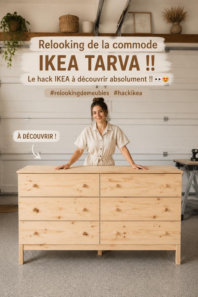 Commode IKEA TARVA relookée avec une peinture colorée et des poignées uniques.