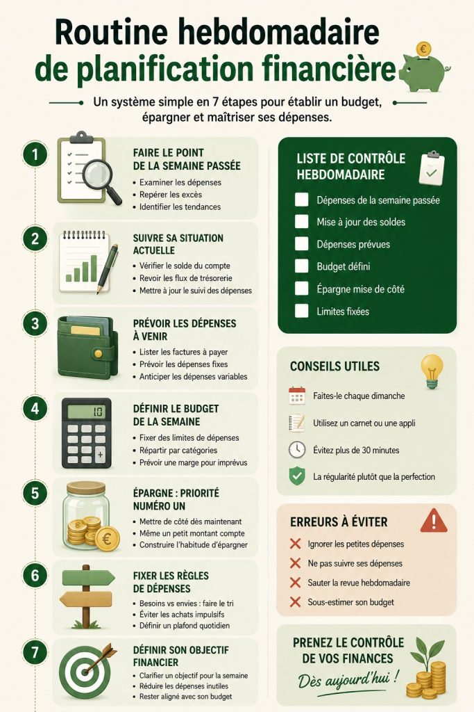 Femme examinant son budget hebdomadaire dans un carnet lumineux.