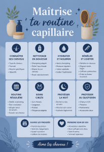 Femme appliquant des produits de soin sur ses cheveux, illustrant une routine capillaire réussie.