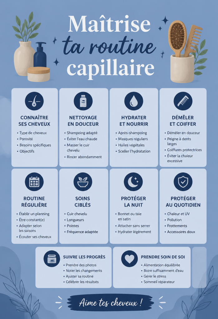 Femme appliquant des produits de soin sur ses cheveux, illustrant une routine capillaire réussie.