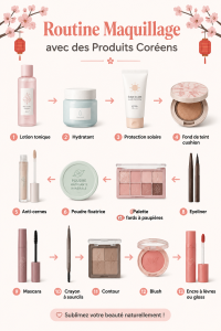 Une sélection de produits de maquillage coréens sur une table, représentant la beauté asiatique.