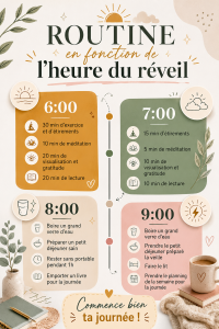 Femme prenant son petit déjeuner et planifiant sa routine matinale selon son heure de réveil