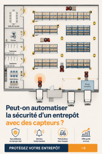 Illustration représentant des capteurs de sécurité dans un entrepôt moderne.