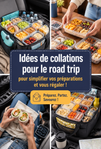 Plateau de collations pour un road trip avec fruits, noix et barres granola