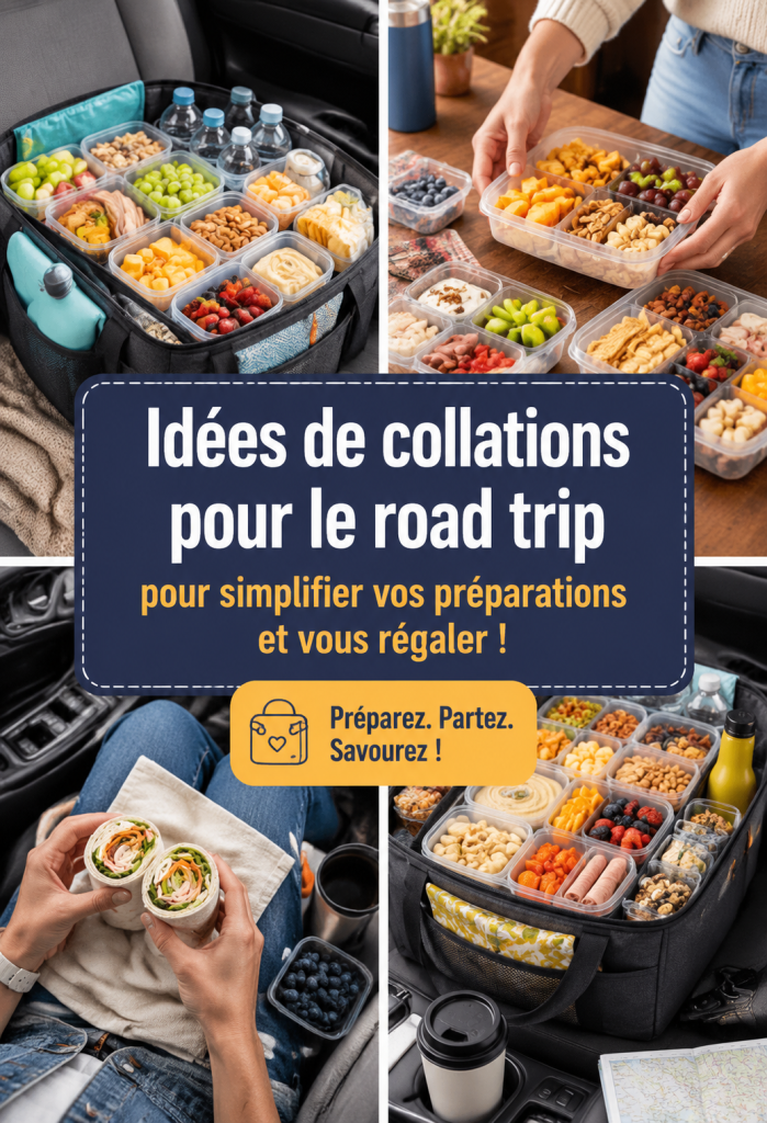 Plateau de collations pour un road trip avec fruits, noix et barres granola