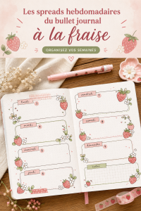Un bullet journal avec des spreads inspirés des fraises sur une table en bois, créant une ambiance chaleureuse.