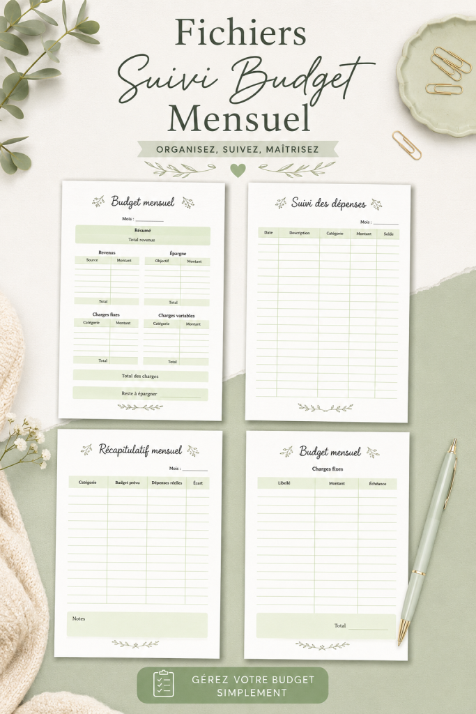 Fichier de suivi de budget mensuel avec des graphiques et des colonnes pour les dépenses.