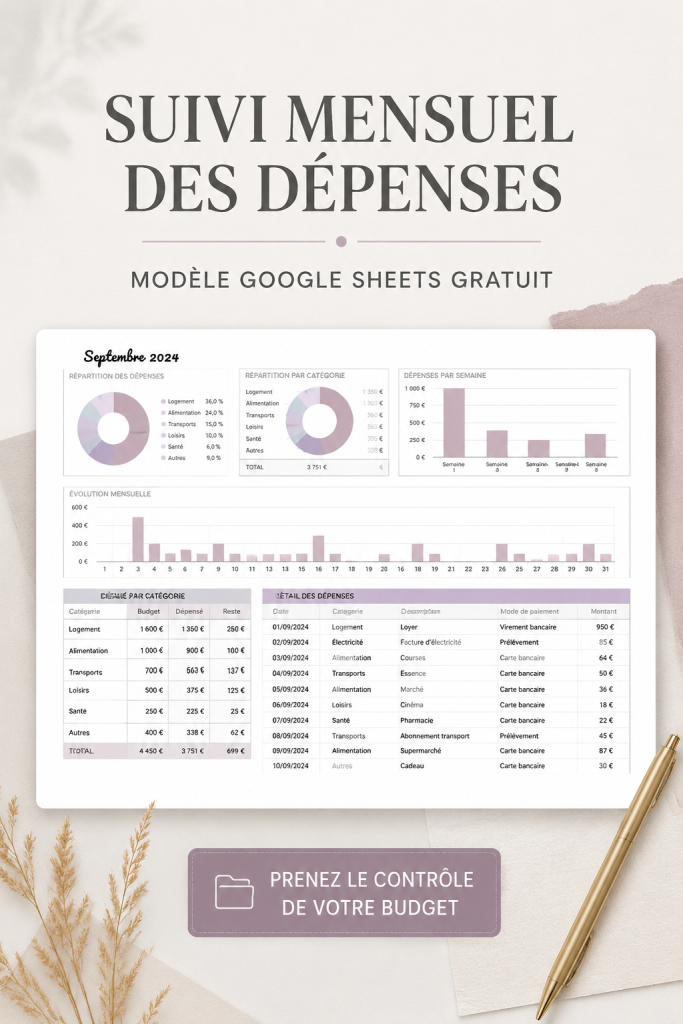 Modèle de suivi de dépenses sur Google Sheets avec des graphiques et des tableaux.