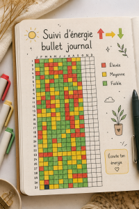 Un bullet journal esthétique avec un tracker d'énergie coloré