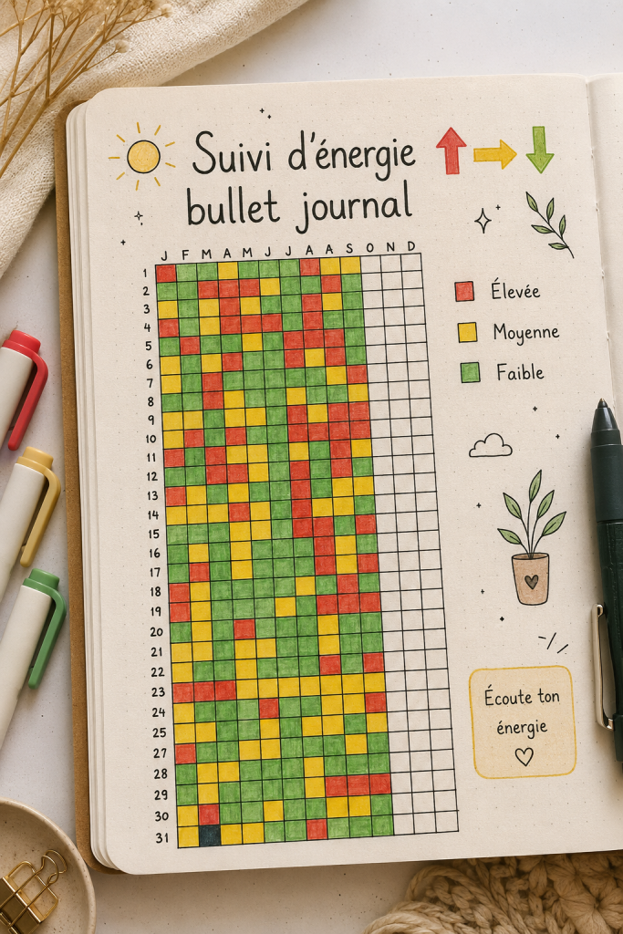 Un bullet journal esthétique avec un tracker d'énergie coloré