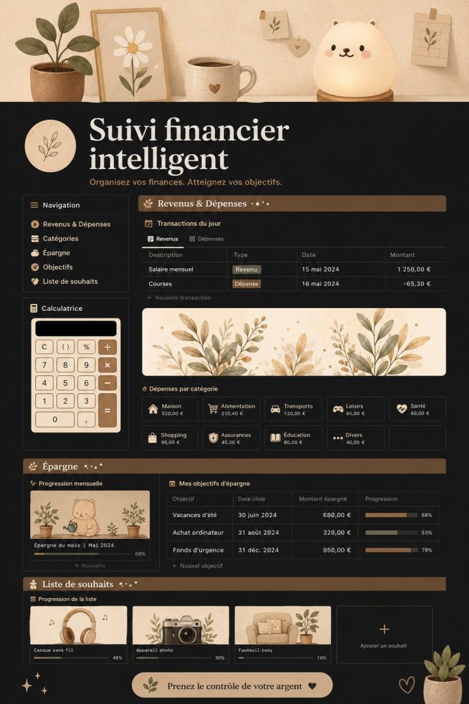 Capture d'écran d'un tableau de suivi des finances sur Notion, montrant des dépenses et un budget mensuel.