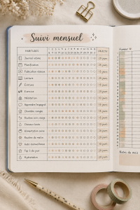 Une page de Bullet Journal montrant un suivi mensuel de routines de soin.