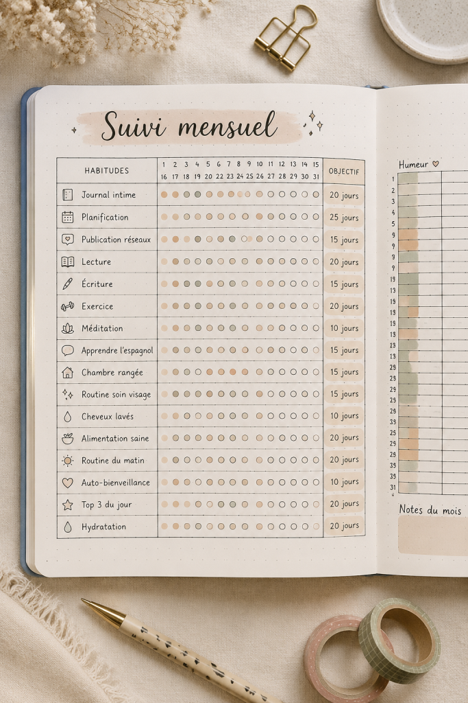 Une page de Bullet Journal montrant un suivi mensuel de routines de soin.