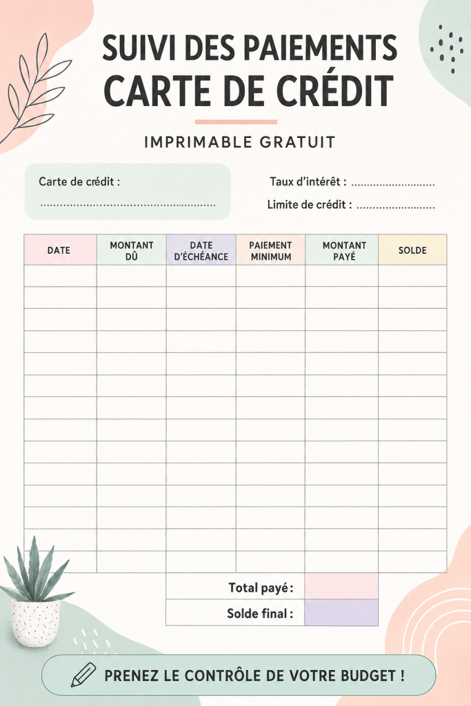 Un tableau de suivi des paiements de carte de crédit imprimable, plein de couleurs et de sections claires.
