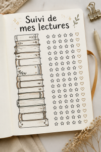 Bullet journal avec un book tracker coloré et organisé