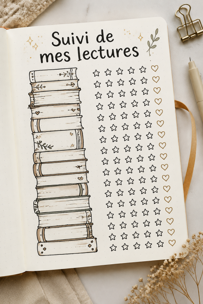 Bullet journal avec un book tracker coloré et organisé