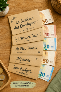 Femme souriante qui gère son budget avec des enveloppes colorées