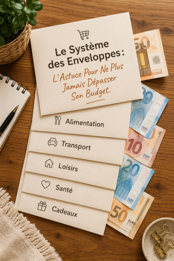 Une femme souriante préparant son budget avec le système des enveloppes.