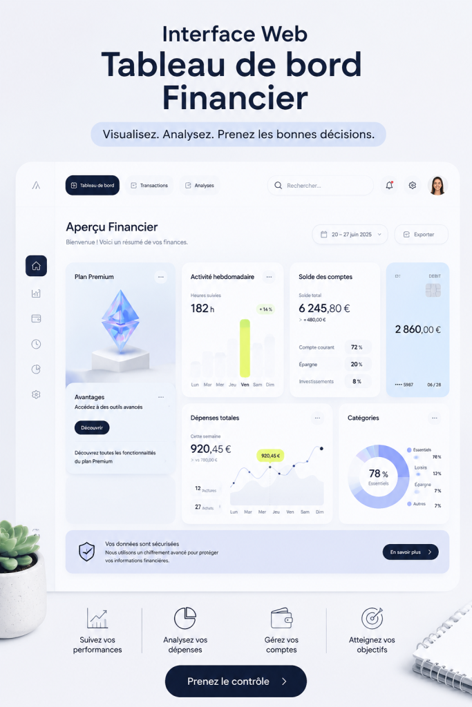 Un exemple de tableau de bord financier moderne avec des graphiques et des données claires.