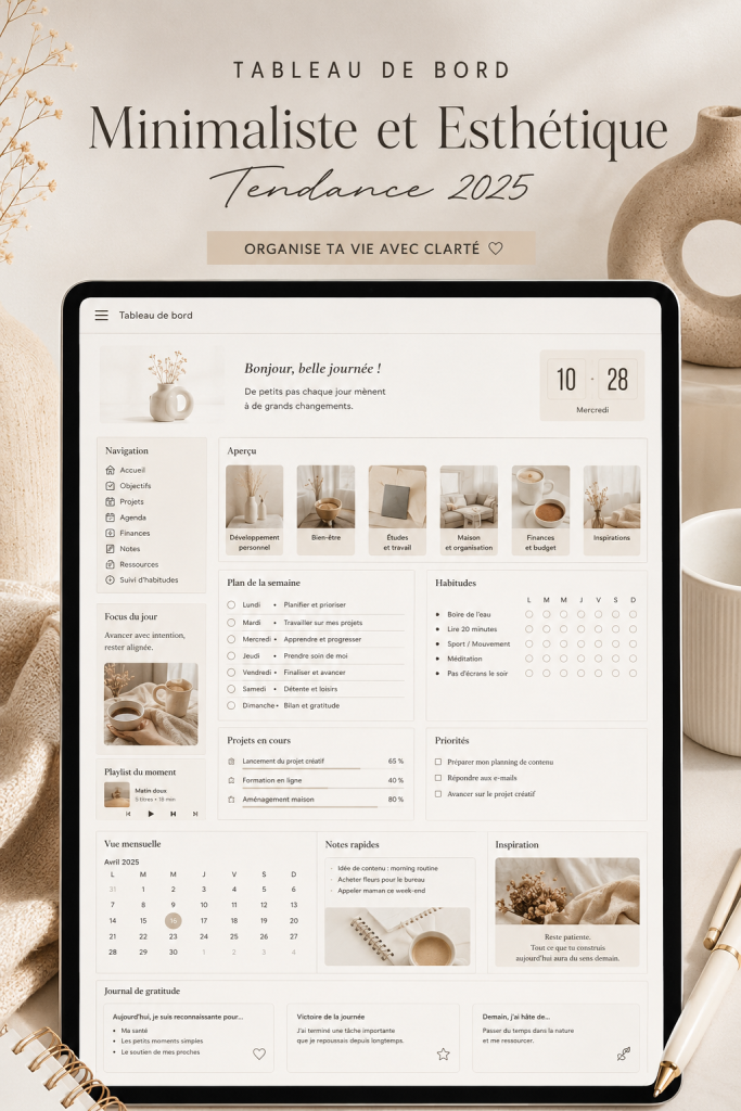 Tableau de bord Notion minimaliste avec design élégant