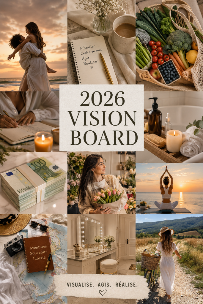Un joli tableau de vision 2026 avec des images inspirantes et des mots motivants.