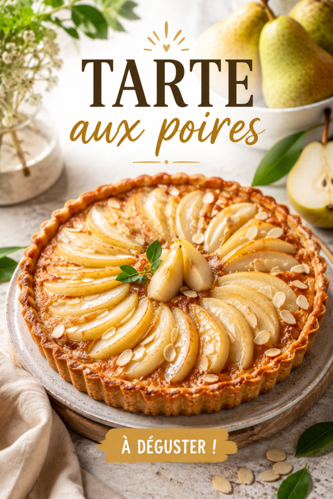 Une tarte aux poires dorée, appétissante, sortant du four.