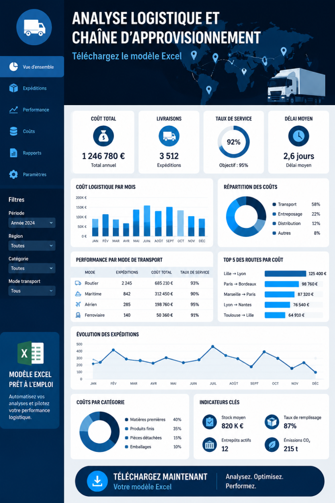 Capture d'écran d'un modèle Excel pour la gestion logistique montrant des graphiques et des tableaux.