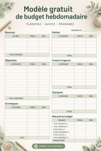 Template de budget hebdomadaire gratuit sur une table avec des fournitures de bureau.
