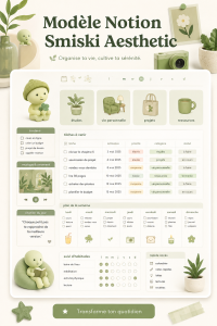 Template Notion avec un design esthétique comportant des couleurs pastel et une mise en page harmonieuse.