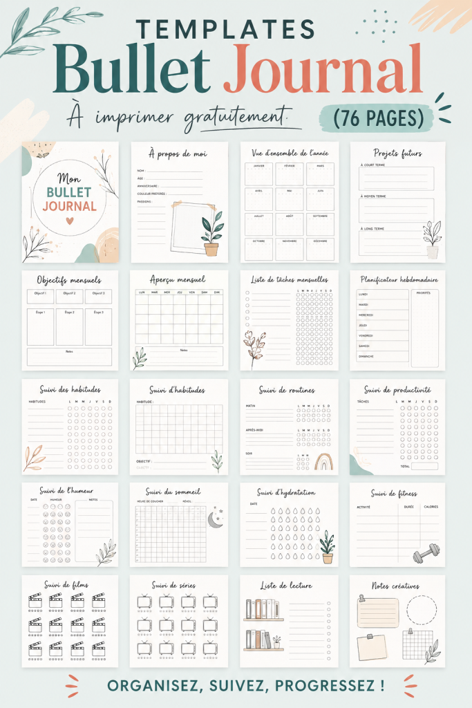 Modèles de bullet journal gratuits et imprimables, adaptés à la gestion quotidienne et financière.