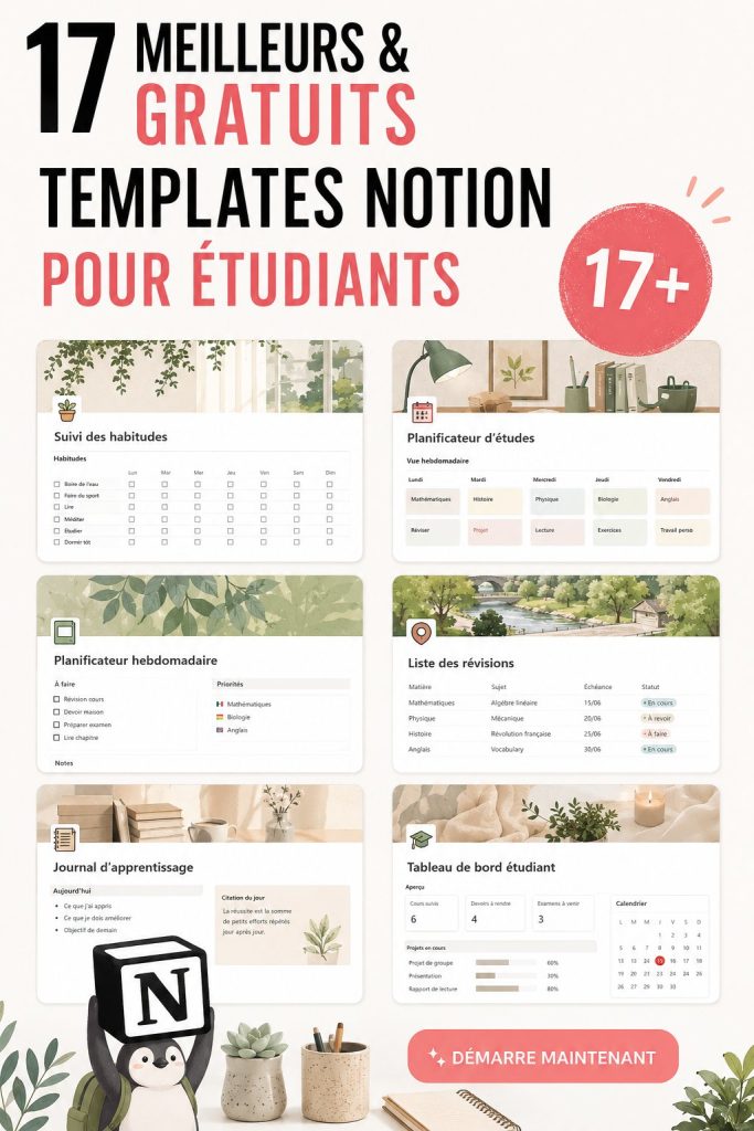 Capture d'écran d'une interface Notion avec des templates pour étudiants.