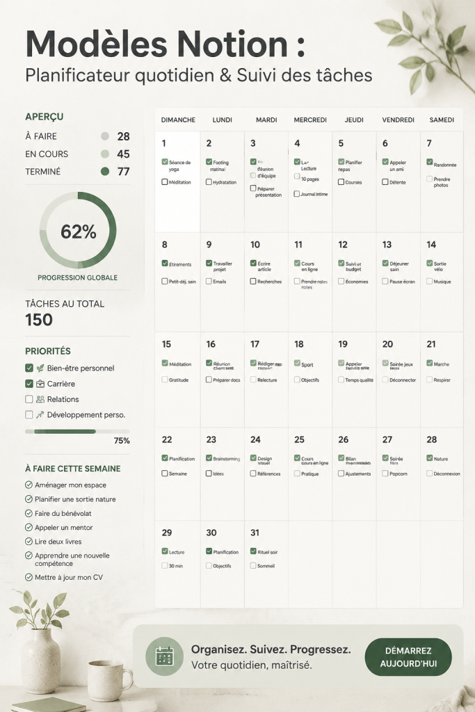 Un planificateur quotidien Notion sur un bureau avec des outils de travail
