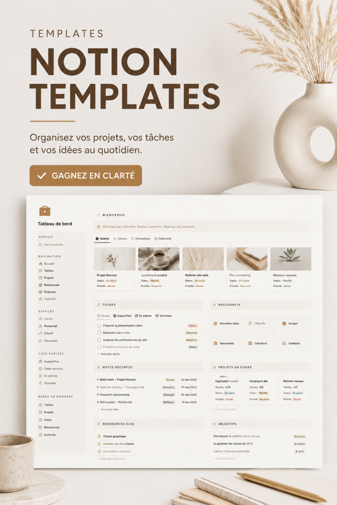 Une sélection de templates Notion colorés sur un bureau moderne