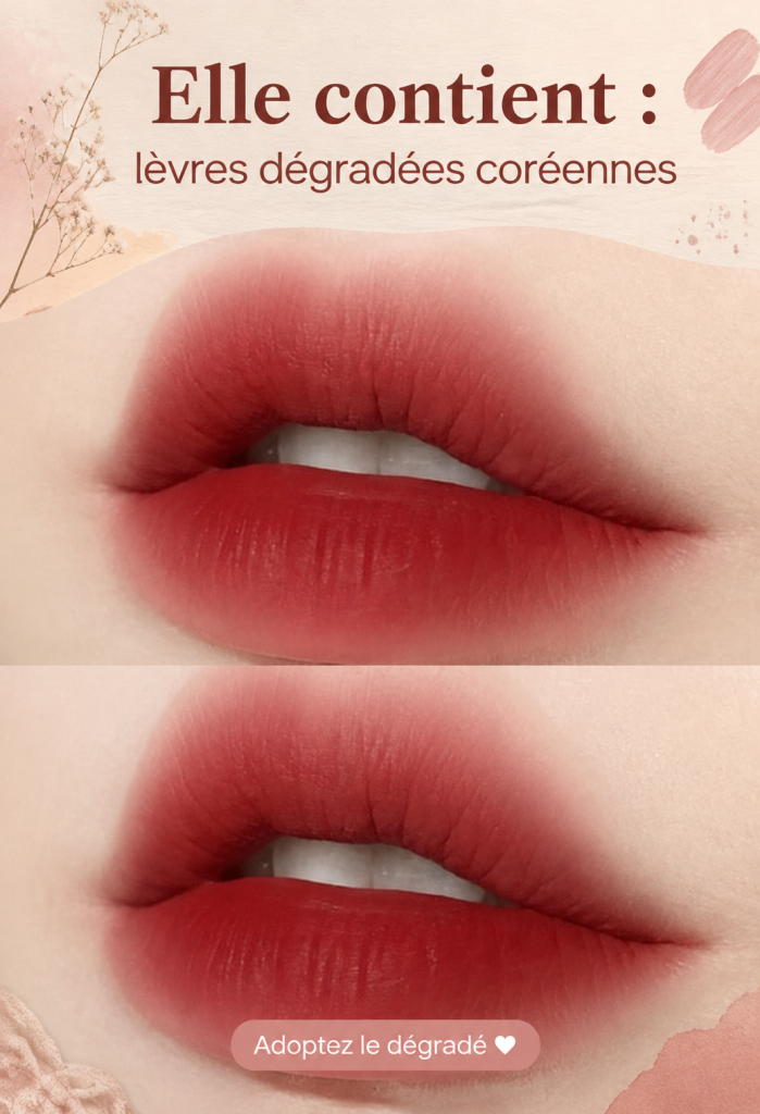 Femme avec des lèvres dégradées inspirées du maquillage coréen, affichant un sourire radieux.