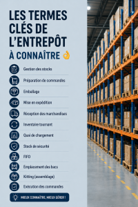 Illustration d'un entrepôt avec des étiquettes de vocabulaire logistique