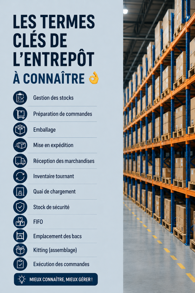Illustration d'un entrepôt avec des étiquettes de vocabulaire logistique