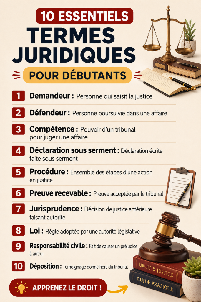 Une image représentant des journaux juridiques et des livres sur le droit, illustrant le vocabulaire juridique.
