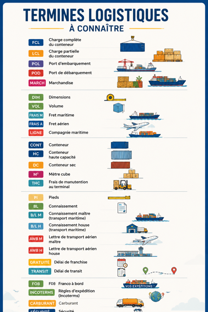 Une infographie illustrant les termes clés de la logistique avec des définitions claires.