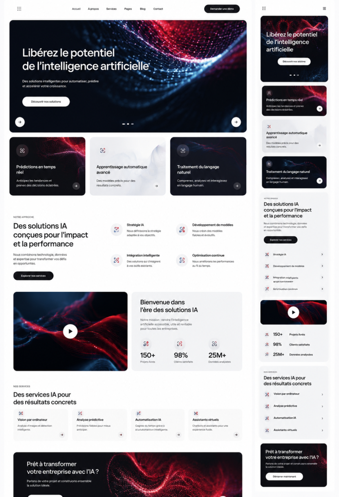 Capture d'écran du thème WordPress Neuros montrant un design moderne pour une agence AI.