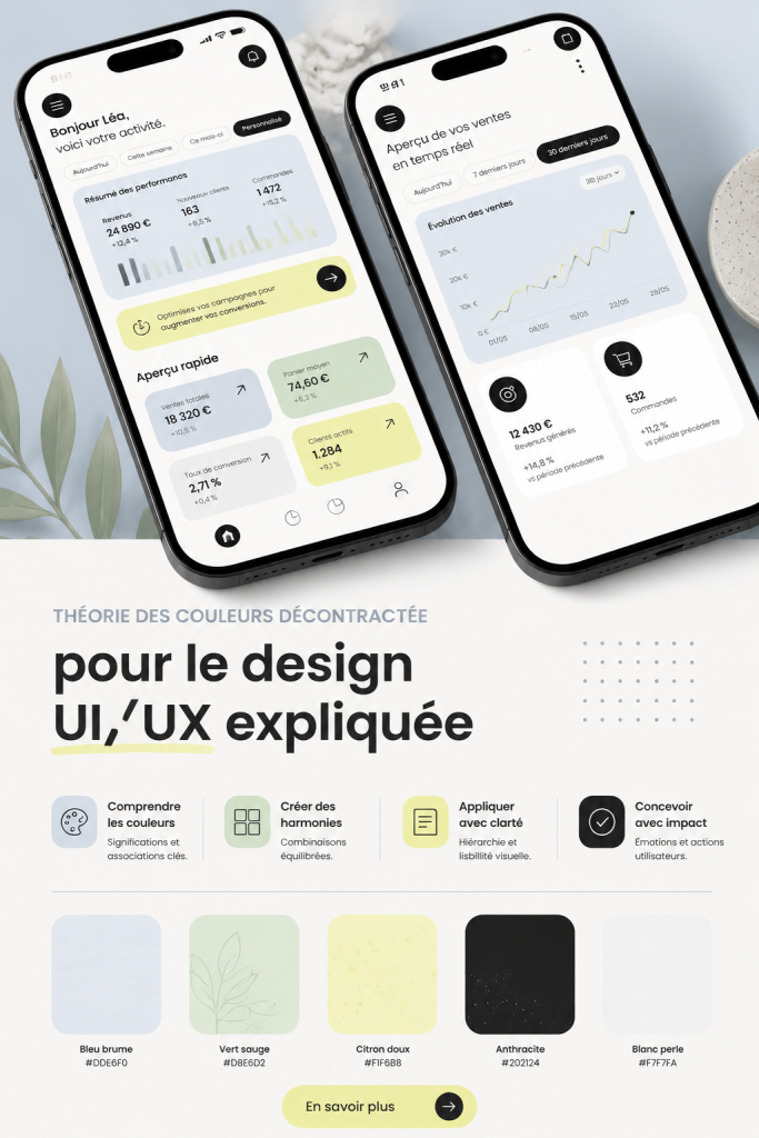 Illustration de la théorie des couleurs en design UI/UX avec palettes colorées.