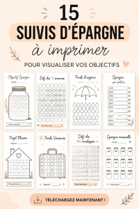 Un collage de trackers d'épargne imprimables en couleurs vives, incluant différents designs et styles.