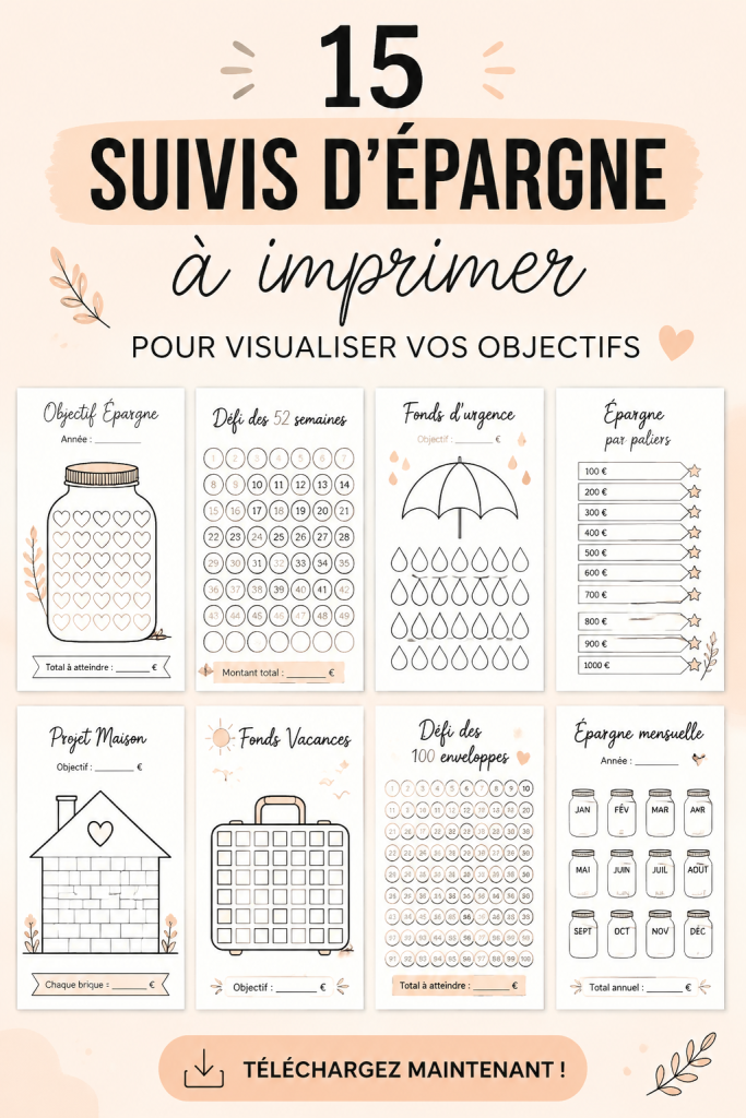 Un collage de trackers d'épargne imprimables en couleurs vives, incluant différents designs et styles.